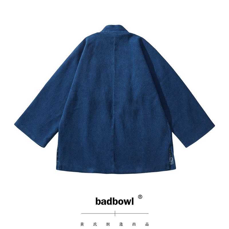 BADBOWL Japanese Retro Indigo Plant Kimono Blue Dyeing Road Robe Heavy Kendo Fabric Half Sleeve Jacket Men Casual Cardigan Coat C260325