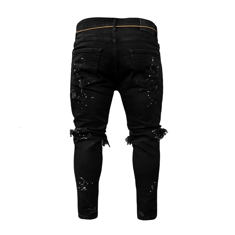 Men Long Jeans Pants Denim Pencil Pant Hole Splice Simple Slim Fit Zipper Lace Up Tight Waist Straight Trousers Autumn 260327