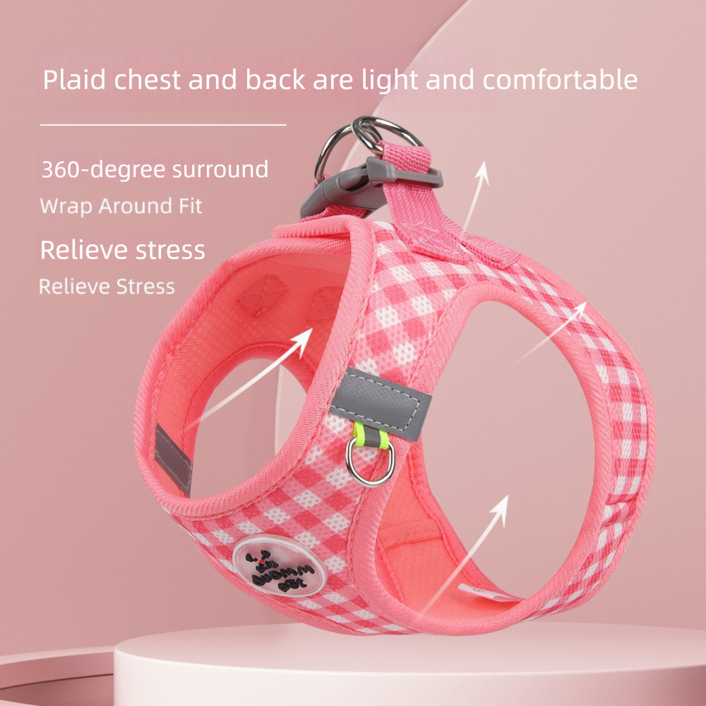 Pet Harness Reflective Dog Leash Cute Plaid Safe Comfortable Adjustable For Small Medium Dogs Puppies Teddy Bichon Frise Macaron Color