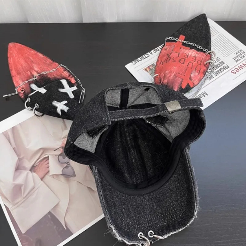 er Style Love Graffiti Rabbit Ear Baseball Cap Y2K Autumn Winter Street Personality Hole Retro Denim Hats Unisex 260304