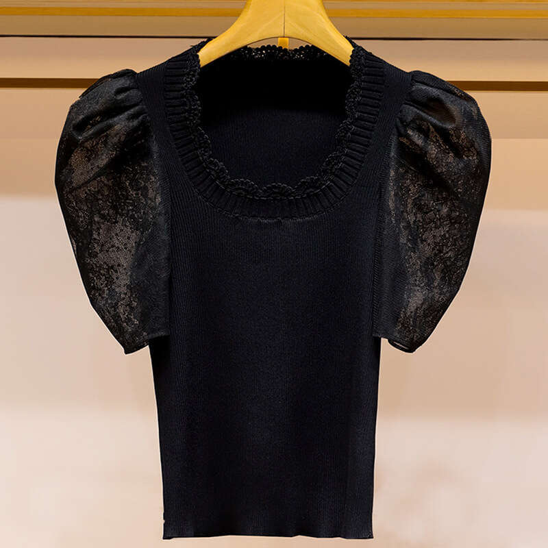 2026 Spring/Summer New Designer Bubble Short Sleeve Square Neck Lace Black k30 Thin Knitted Women's Elegant Top