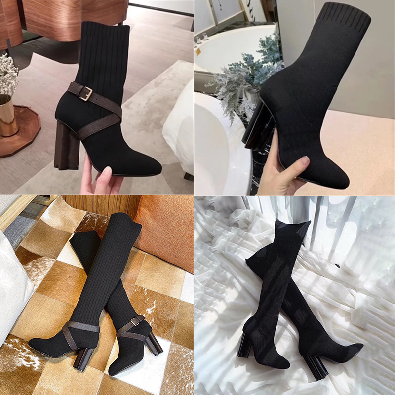 Designer Elastic Knitting high heel Ankle Boots Women Thick Sole Platform Martin Booties Letter Winter Warm Size 35-42 NO50