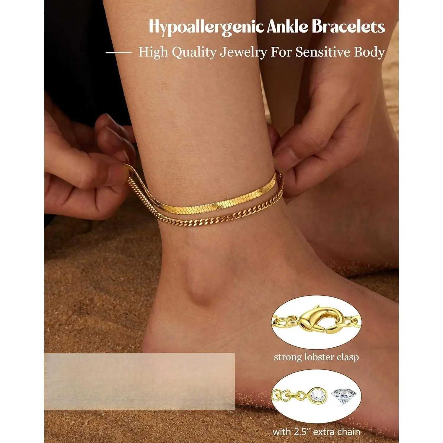6PCS Ankle for Women 14K Gold-plated Anklets Stainless Steel Cuban Link Chain Anklet Set Layered Beach Jewelry Gift H260325 - view 5