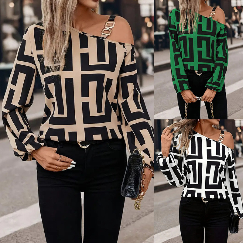 Luxury Brand Designer Clothes Foreign Trade Eurean And American Women's Clothing Spring And Autumn Fashion Geometric Print Versatile Long-Sleeve 