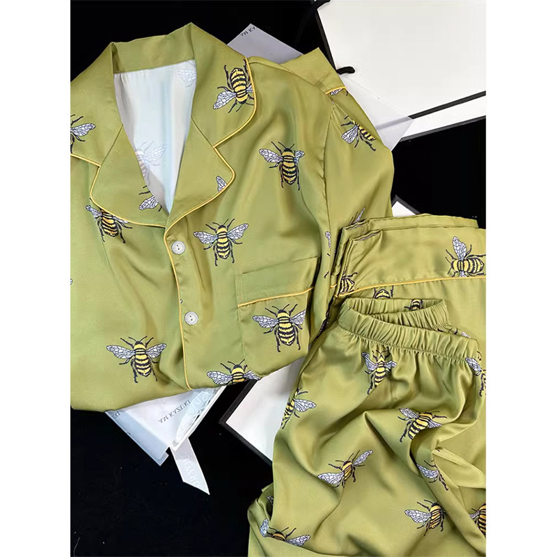 Pajamas Set High End Printed Women Elegant Lapel Long Sleeve Ice Silk Outdoor Wearable Green Homewear