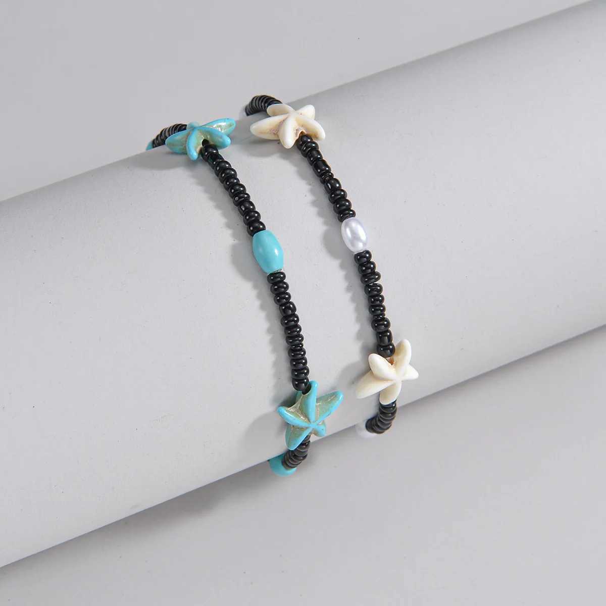 2-piece vacation beach style turquoise starfish mixed black beaded womens anklet H260325 - view 4