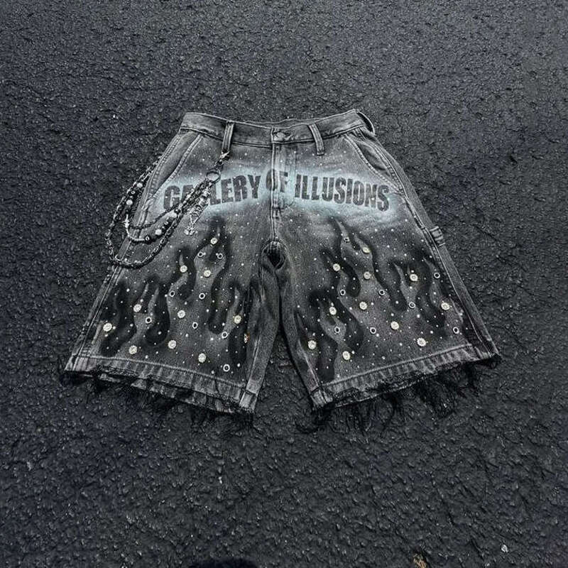 Men's Jeans Summer Shorts Retro Rhinestone Flame Pattern Printing Casual Washed Denim Shorts Men Women High Waist Streetwear Home Casual Clothing