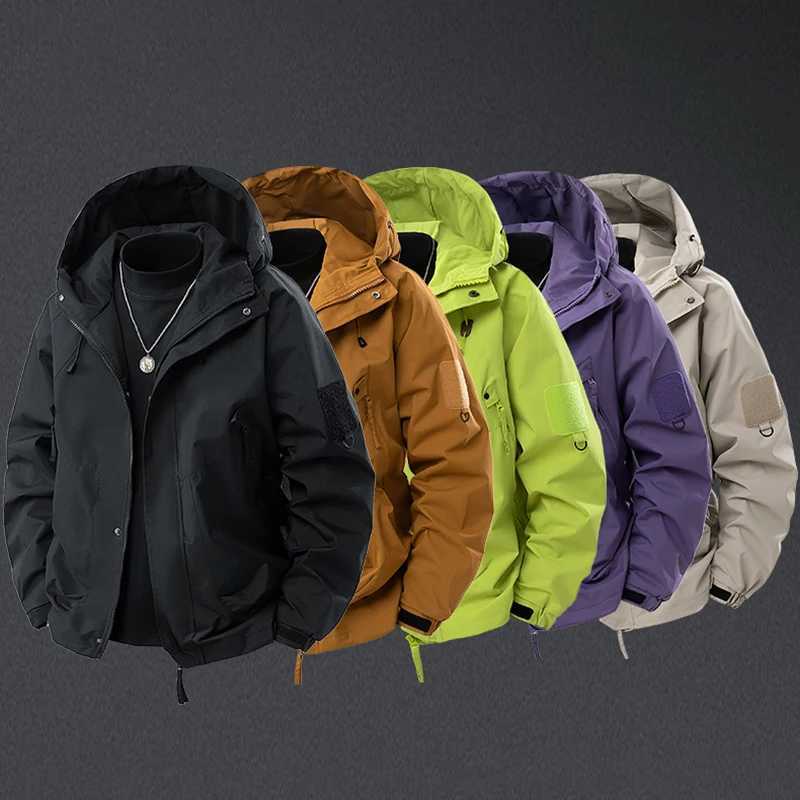 Spring Autumn Mens Outdoor Hooded Windbreaker Waterproof Mountain Skiing Hiking Camping Multiple Pockets Zipper M260325