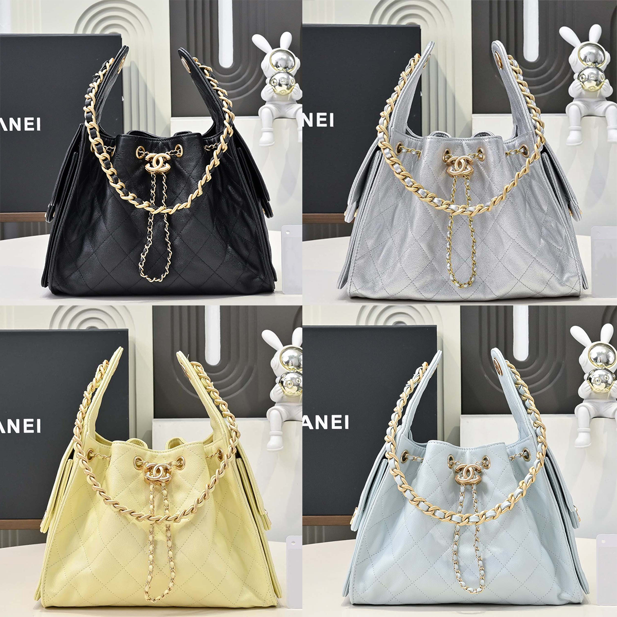 Designer Shoulder Bag Quilted Supple Grained Leather Chain-Link Strap Drawstring Top Magnetic Flap Pockets Spacious Interior Removable Pouch Handbag for Women