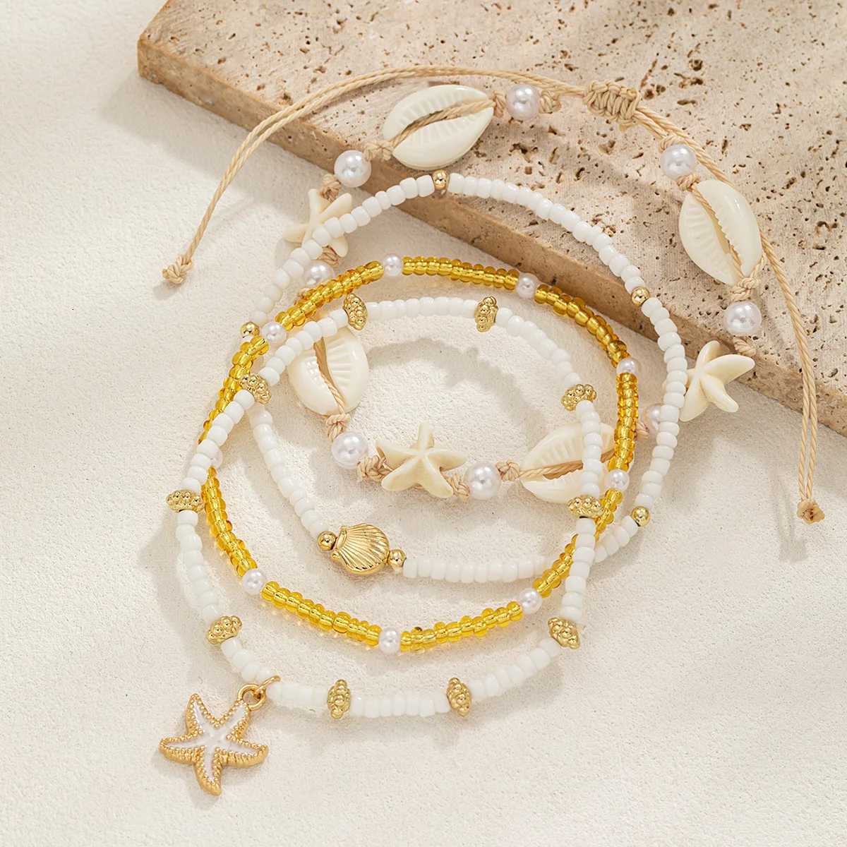 4 pieces of Bohemian style resin shell woven starfish ankle rope multi-layer stacked rice bead beach womens ankle chain H260325 - view 4