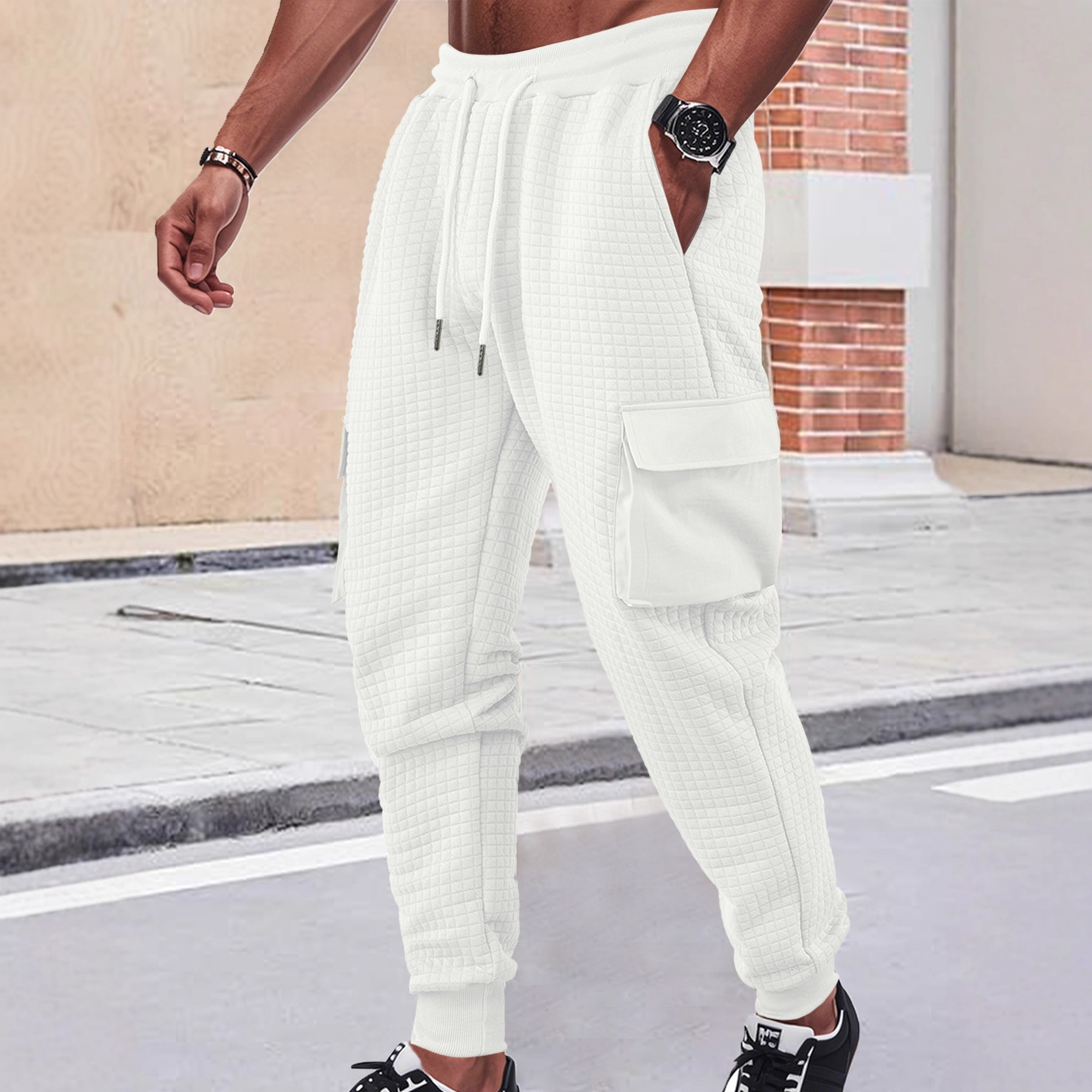 Men's Fashion European And American Spring And Autumn New Men's Sports Thickened Essential Pants Multi-pocket Jacquard Small Check Casual Cargo Pants