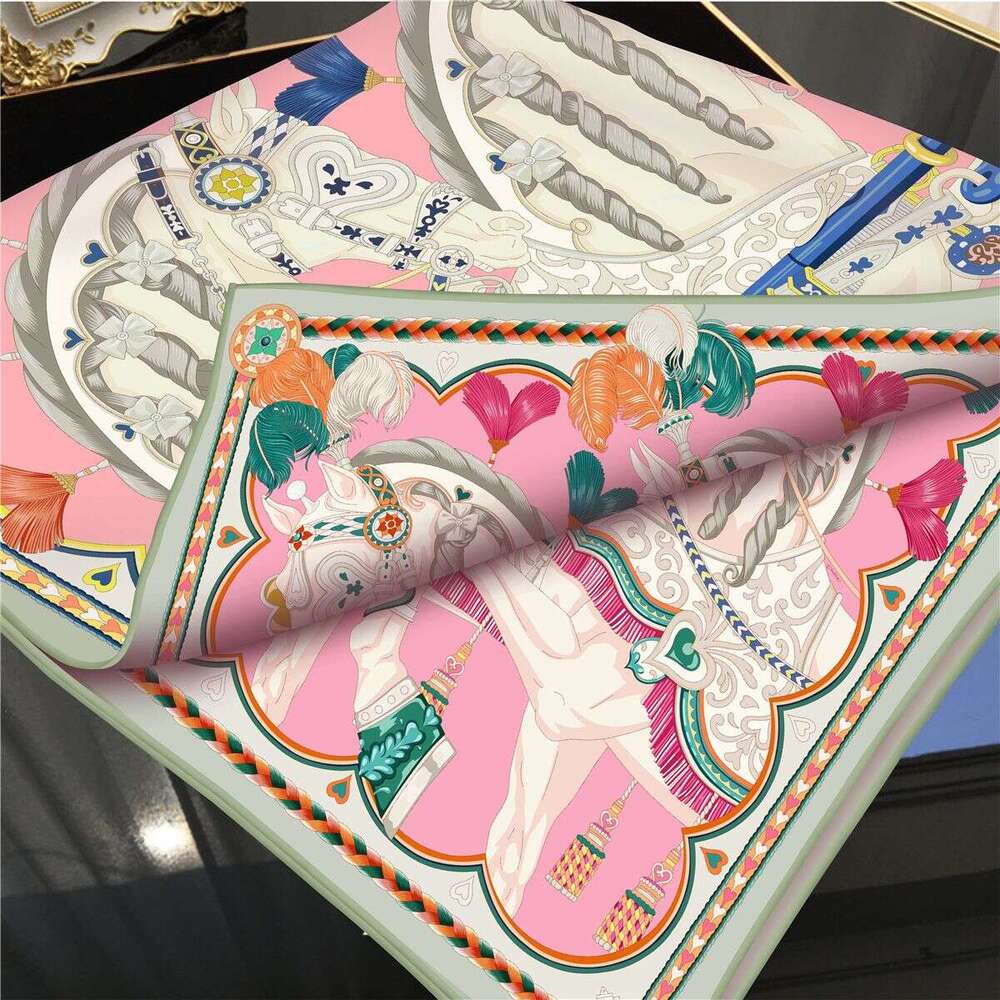 Vintage Fashion Versatile Horse-Print Scarf, High-End Double-Sided 90Cm Faux Silk Square Scarf