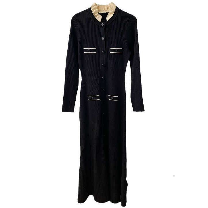 2026 Autumn Designer French Elegant k30 Lace Detachable Collar Black Slimming Long Knitted Dress