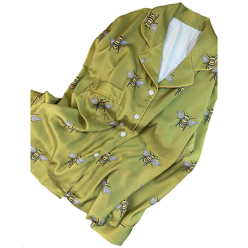 Pajamas Set High End Printed Women Elegant Lapel Long Sleeve Ice Silk Outdoor Wearable Green Homewear