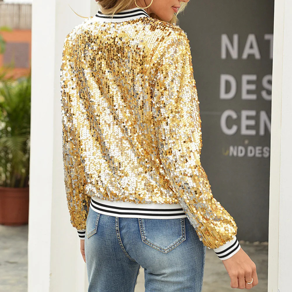 Spring Autumn Golden Sequined Jacket Women Patchwork Stand Collar Long Sleeve Short Coat Tops Baseball Uniform Casual 38903 260325