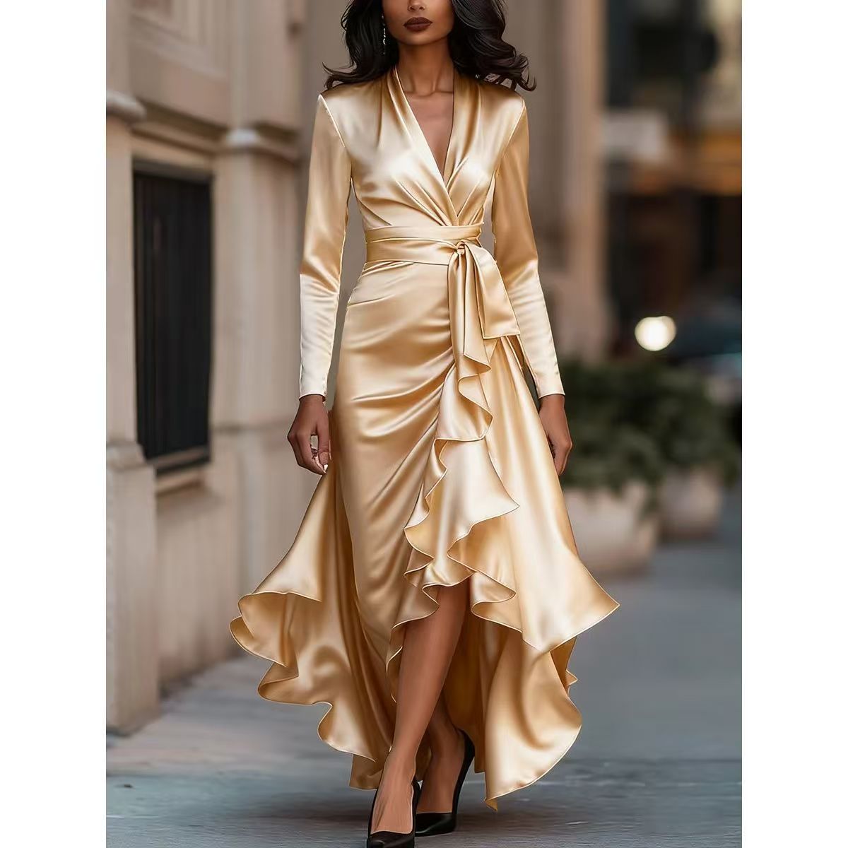 Elegant V-neck Waist-cinched Skirt Hem Long Sleeve Maxi Dress Street Style Polyester Fabric High Waist Regular Sleeve Length