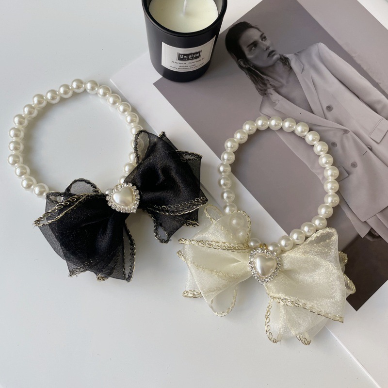 Pet Collar Designer Mesh Bow Pearl Inlaid Diamond Handmade Gold Thread Edge Cute For Cats Small Dogs