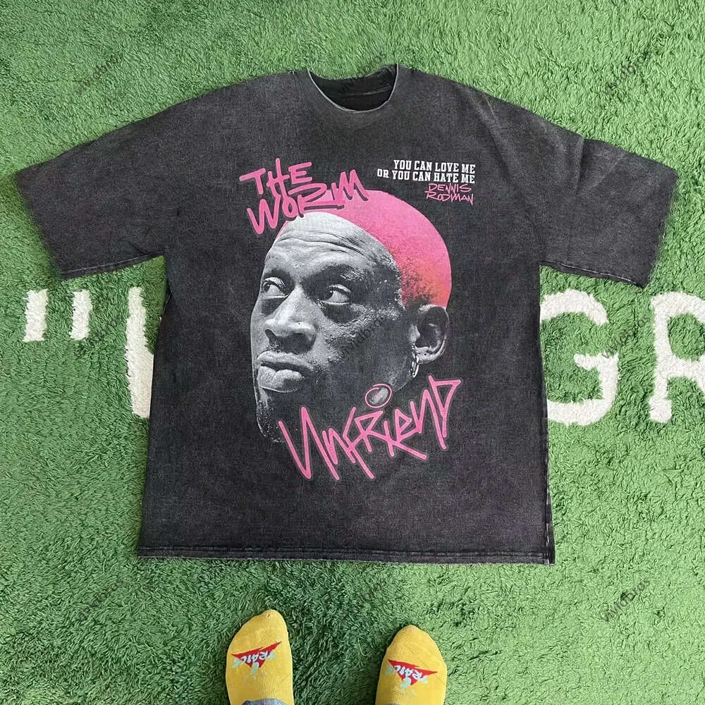 T-Shirt Unisex Design High-Quality Black Washed Crew Neck Sports Star Portrait & Pink Letter Print Short Sleeve Soft Cotton Vintage Streetwear Oversized Top