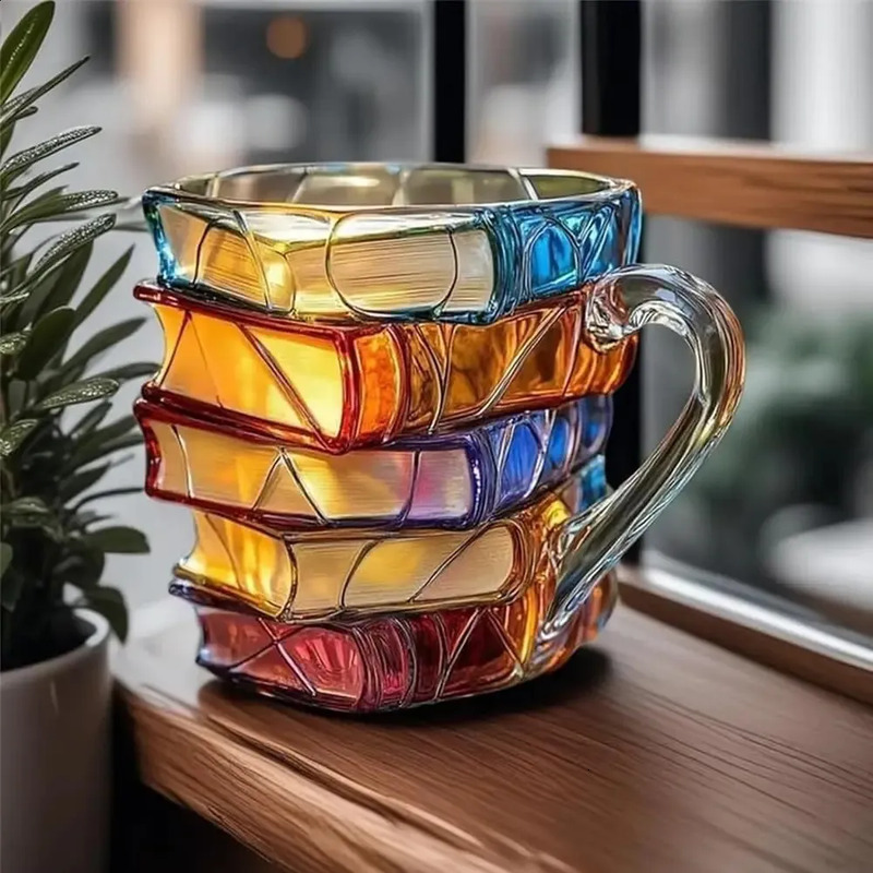 3D Painted Book Mug Glass for Cold Brew Library Club Gift Unique Readers Writers