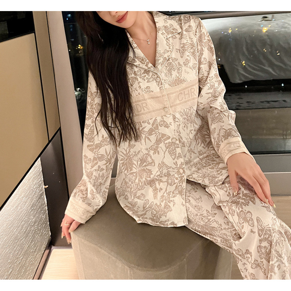 Couple Loungewear Women Pajamas Ice Silk Spring Autumn Luxury High End Long Sleeve Set Black White Gold Butterfly