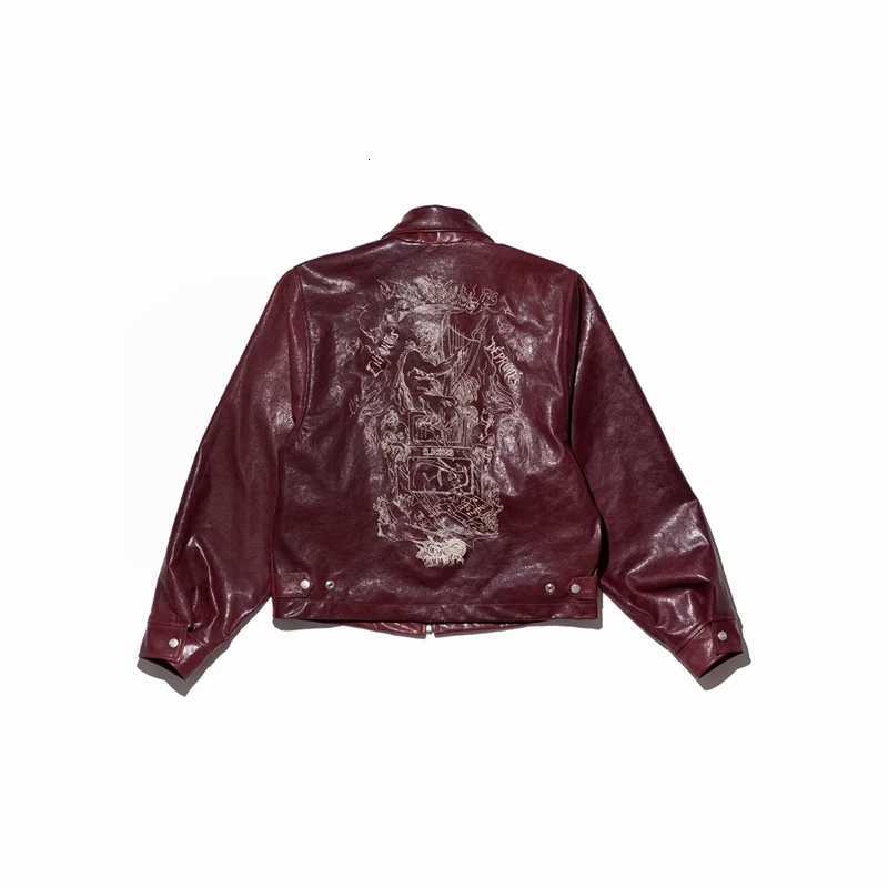 2026ss Embroidered Printed Leather Jacket High-quality Burgundy Loose Casual High Street Mens Womens Jackets C260325