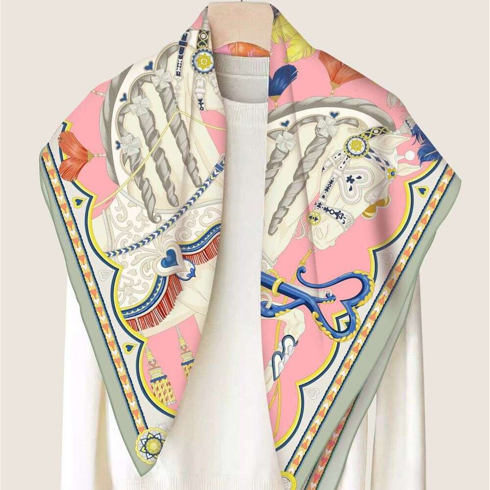 Vintage Fashion Versatile Horse-Print Scarf, High-End Double-Sided 90Cm Faux Silk Square Scarf