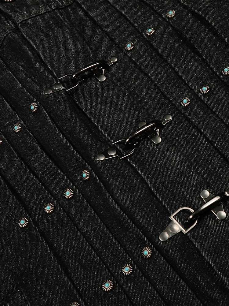 Mens Jacket Punk Vintage Streetwear Black Denim Short Coat Metal Buckle Studded Design Pleated Detail Retro Cool Hip Hop Fashion C260325