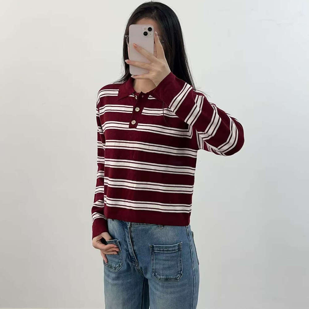2026 autumn new designer casual loose two tone knitted k30 striped contrasting collar long sleeved top