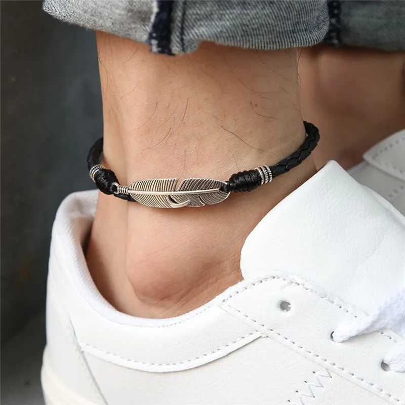 Leather Rope Lucky Anklet For Men Women Couple Handmade Feather Leaf Charm Foot Barefoot Sandal Beach Chain Jewelry H260325 - view 3