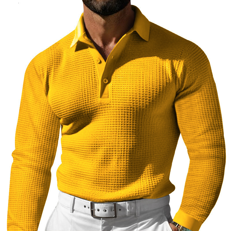 2026 New Men's Waffle Designer T-shirt Knit Collared Buttoned Long Sleeve Polo Shirt For Vacation Polo Designer Hoodie And Casual Wear