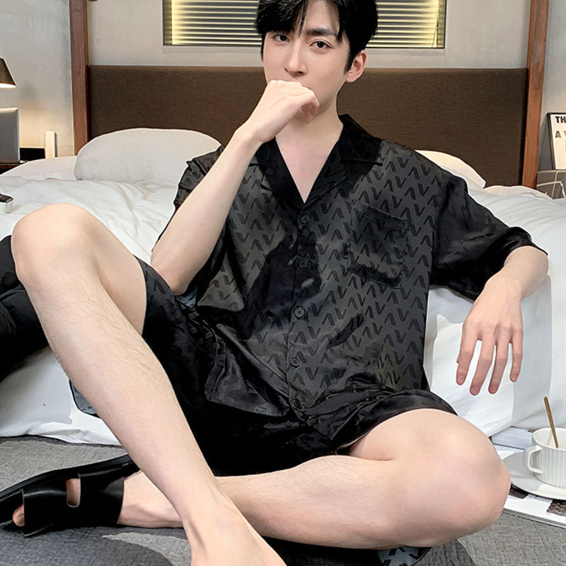 Men's Pajamas Summer Plus Size Ice Silk Short Sleeve Shorts Lightweight Breathable Comfortable Casual Homewear Set