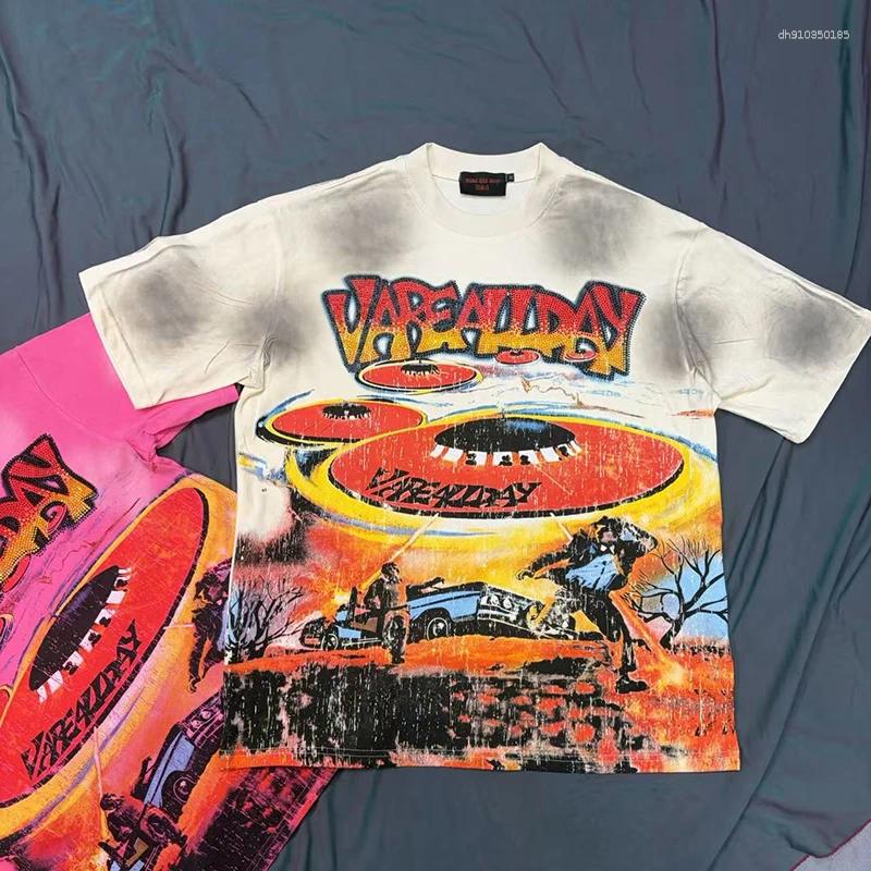 Men's T Shirts VARE ALL DAY American Street Washed Distressed Rhinestone Print Loose Round Neck Vintage Short-Sleeve Hip-hop Y2K T-Shirt Men Wome