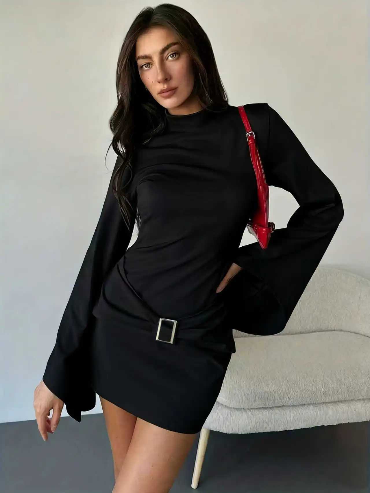 Womens Spring and Autumn Mini Tight Dress with Bell Sleeves Small High Neck and Metal Decorations M260326