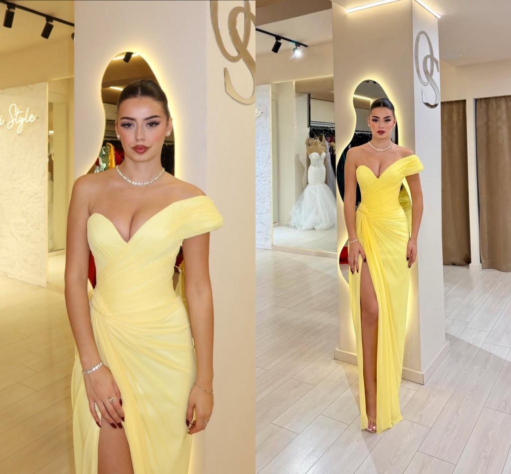2026 Customized Grace Yellow Chiffon Long Evening Dress With Side Slit Arabic One Shoulder Pleated Women Birthday Formal Party Gowns Sexy Special Prom Dress LG1114