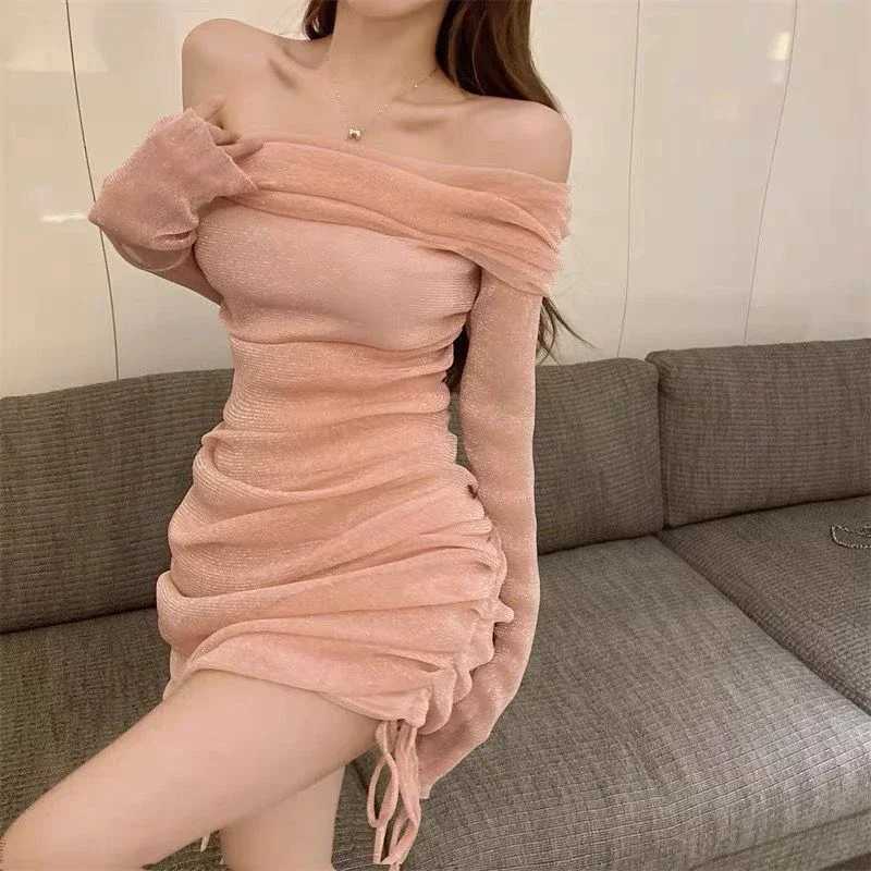 Sexy Strapless Mesh Women Mini Dress Fashion Off-shoulder Pleated Skinny Dress Party Club Slimming Covering Shiny Dress New M260326