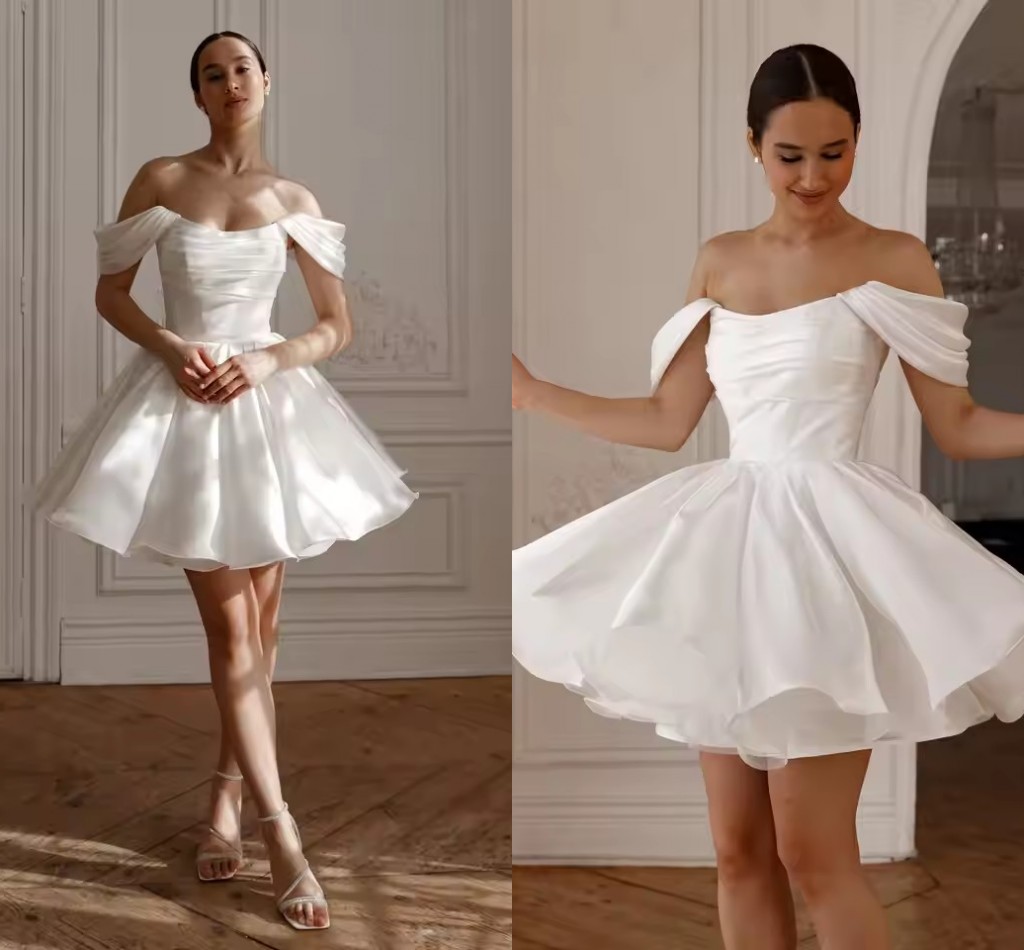 Flattering Puffy Skirt Short Wedding Dresses Sexy Off The Shoulder Pleats A Line Mini Bridal Gowns Boho Garden Beach Wedding Reception Party Dress For Bride DL0266
