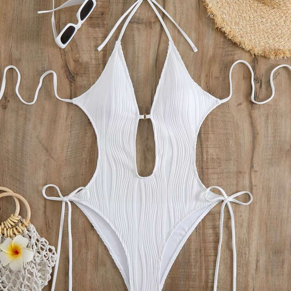 European and American fashion hot-selling one-piece swimsuit with hollow-out design, tie straps, and open back, popular one-piece bikini
