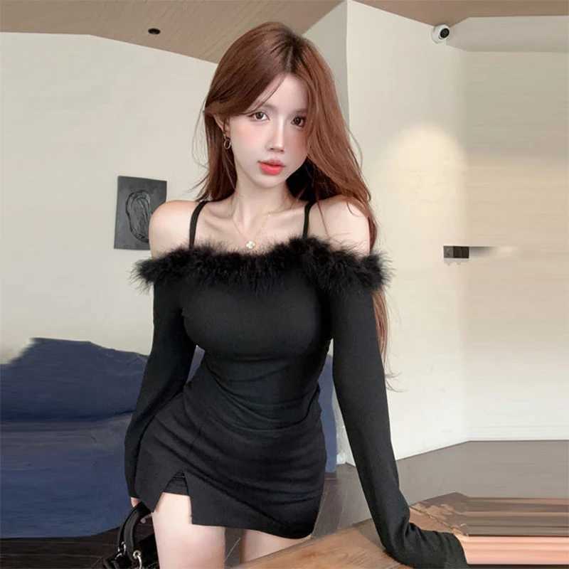 Dresses Women Sexy Faux Fur Collar Skinny All-match Basic Mini Ins Dress M260326