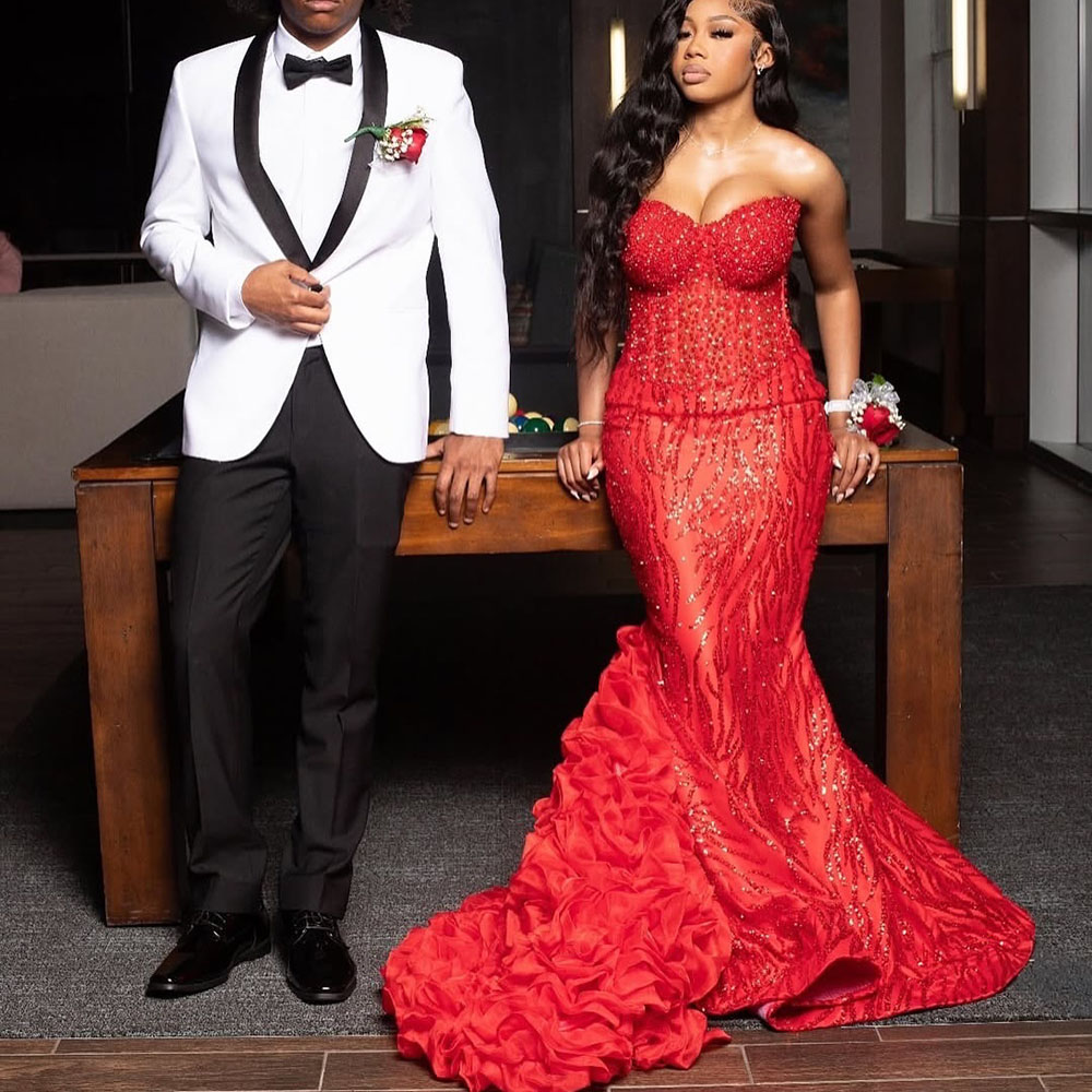 Elegant Red Prom Dresses 2026 With Ruffles Black Girls Mermaid Birthday Party Outfit Sequin Evening Dress Homecoming