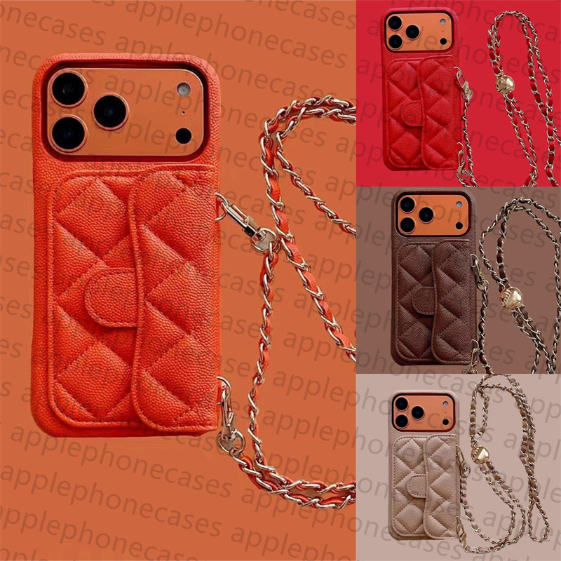 Cross body Phone Case Designer iPhone Case For iPhone 17 Pro Max 16 ProMax 15 14 13 12 17 Air 15 Plus 16 Plus Case Card Holder Leather Caviar Quilted Wallet Case Chain Strap