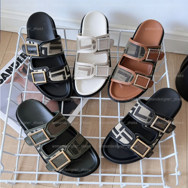 Womens Two Strap Buckle Platform Sandals Retro Canvas Leather Designer Sandles Open Toe Flat Slippers Casual Beach Slides Ladies Summer Footwear