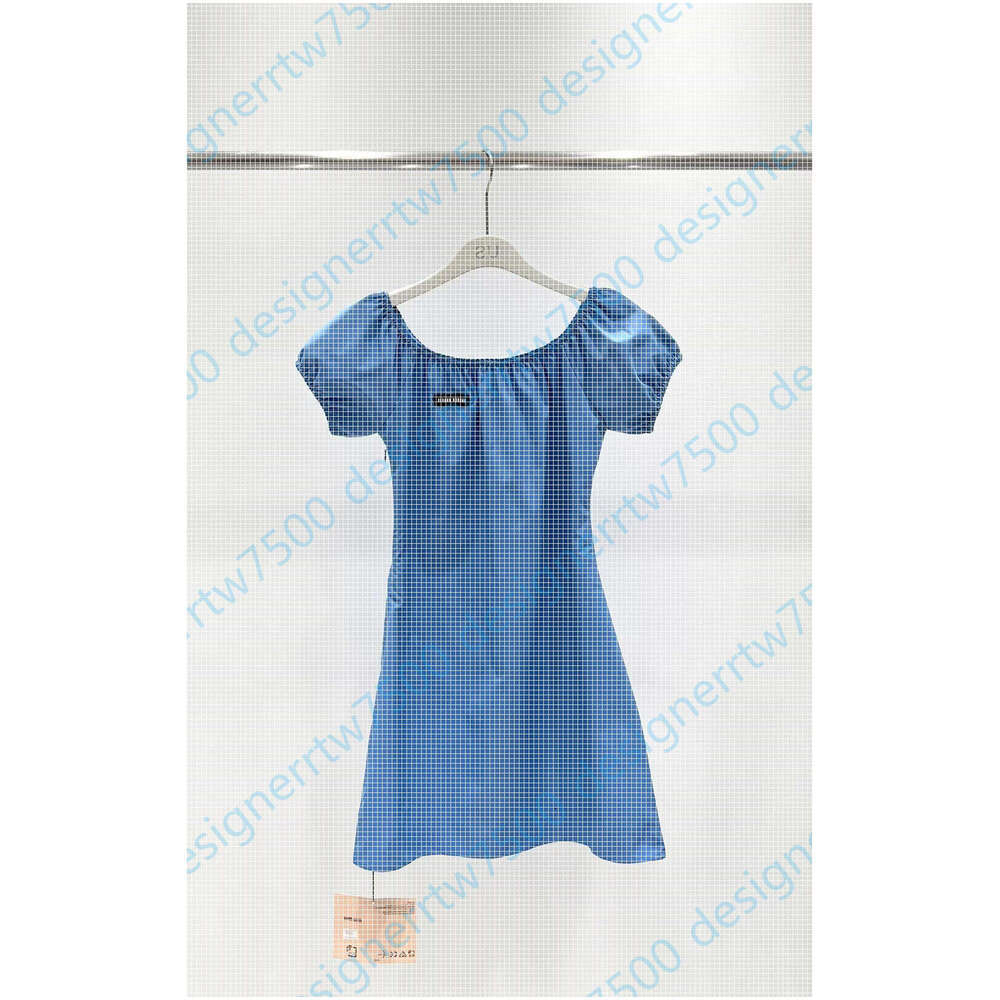 New Luxury MM Designer Dress Woman Blue Puff Sleeve Dresses Summer Skirt Lady Slim A-Line square neck off shoulder High Quality Outfit dress for women