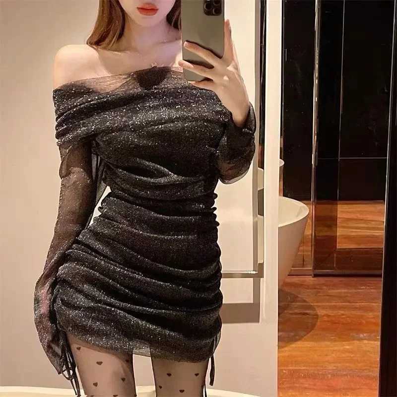 Sexy Strapless Mesh Women Mini Dress Fashion Off-shoulder Pleated Skinny Dress Party Club Slimming Covering Shiny Dress New M260326