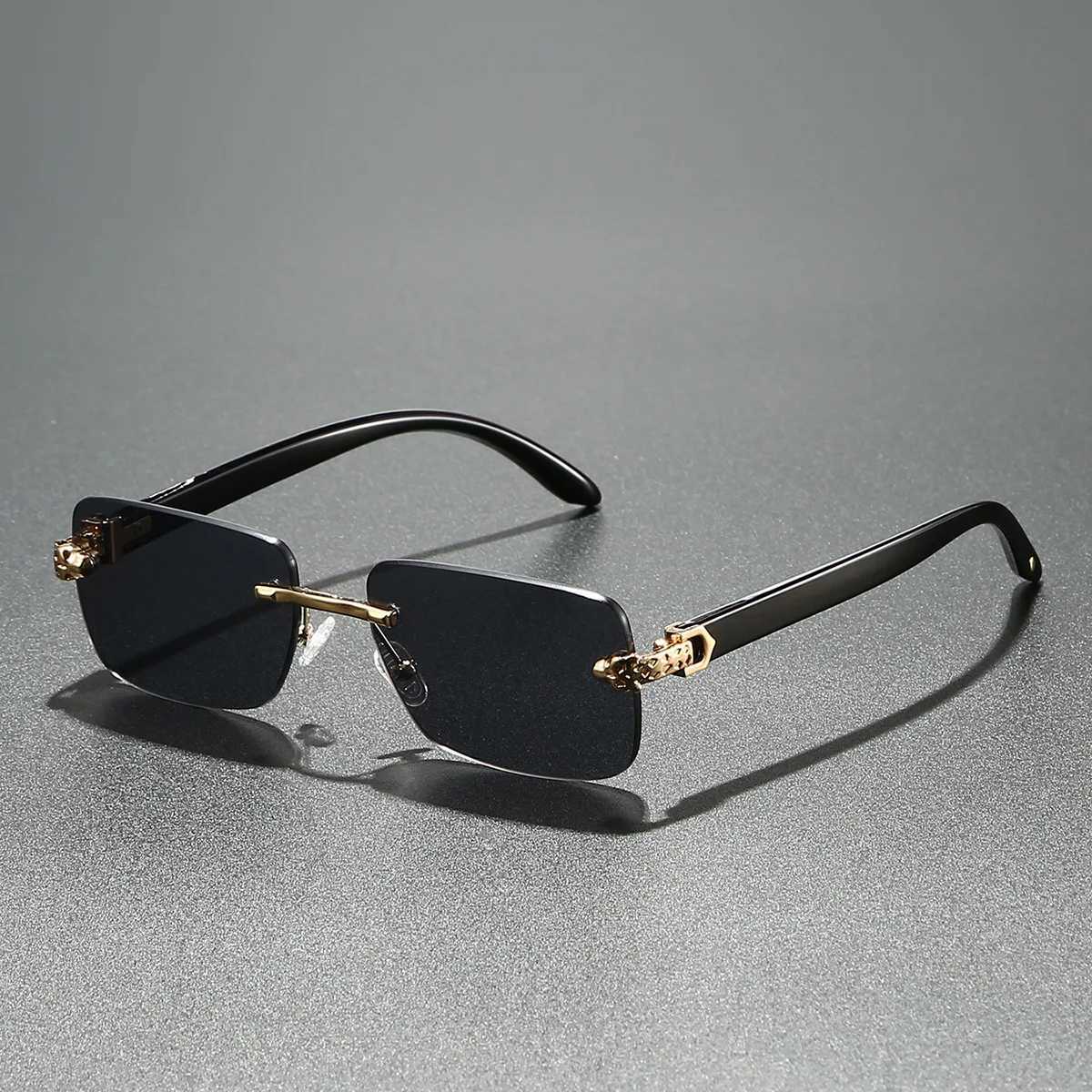 Europe Fashion Rectangular Sunglasses Men Women Unisex Luxury Rimless Frameless Cheetah Man Sun Glasses Wooden Texture D260326