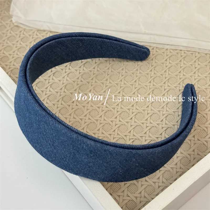 Korean solid color retro denim headband women wide hairband pressure clip latest design hairhoop D260326