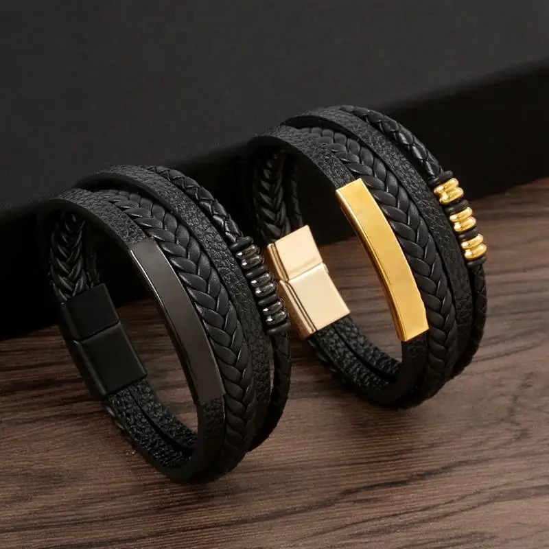 Punk Men Leather Bracelet with Stainless Steel Magnetic Clasp Braided Mutilayer Leather Wrapping Bangles Man Jewelry Gift 260402