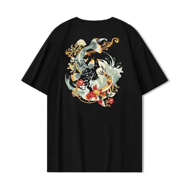 Summer Embroidery T Shirt Men Fashion Vintage T Shirt Women Hip Hop Tees Cotton Short Sleeve Chinese Koi Carp Loose Tops Couple C260326