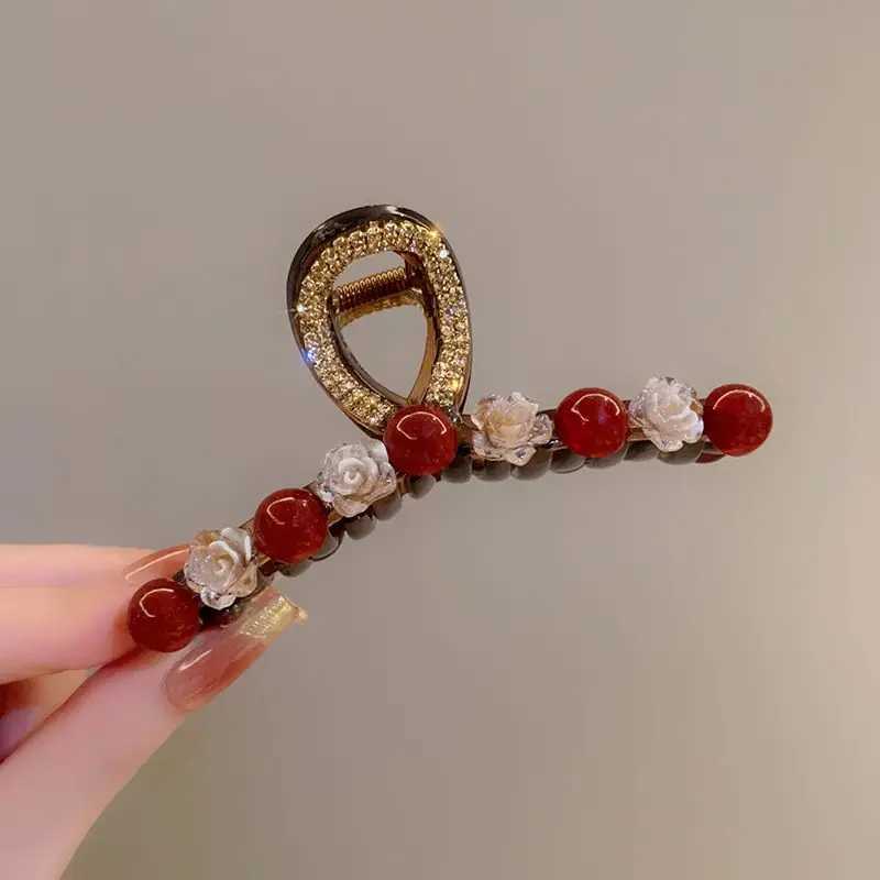 1pc Rose red pearl clip womens autumn and winter new fashion style back of the head plate hair clip hair accessory H260326