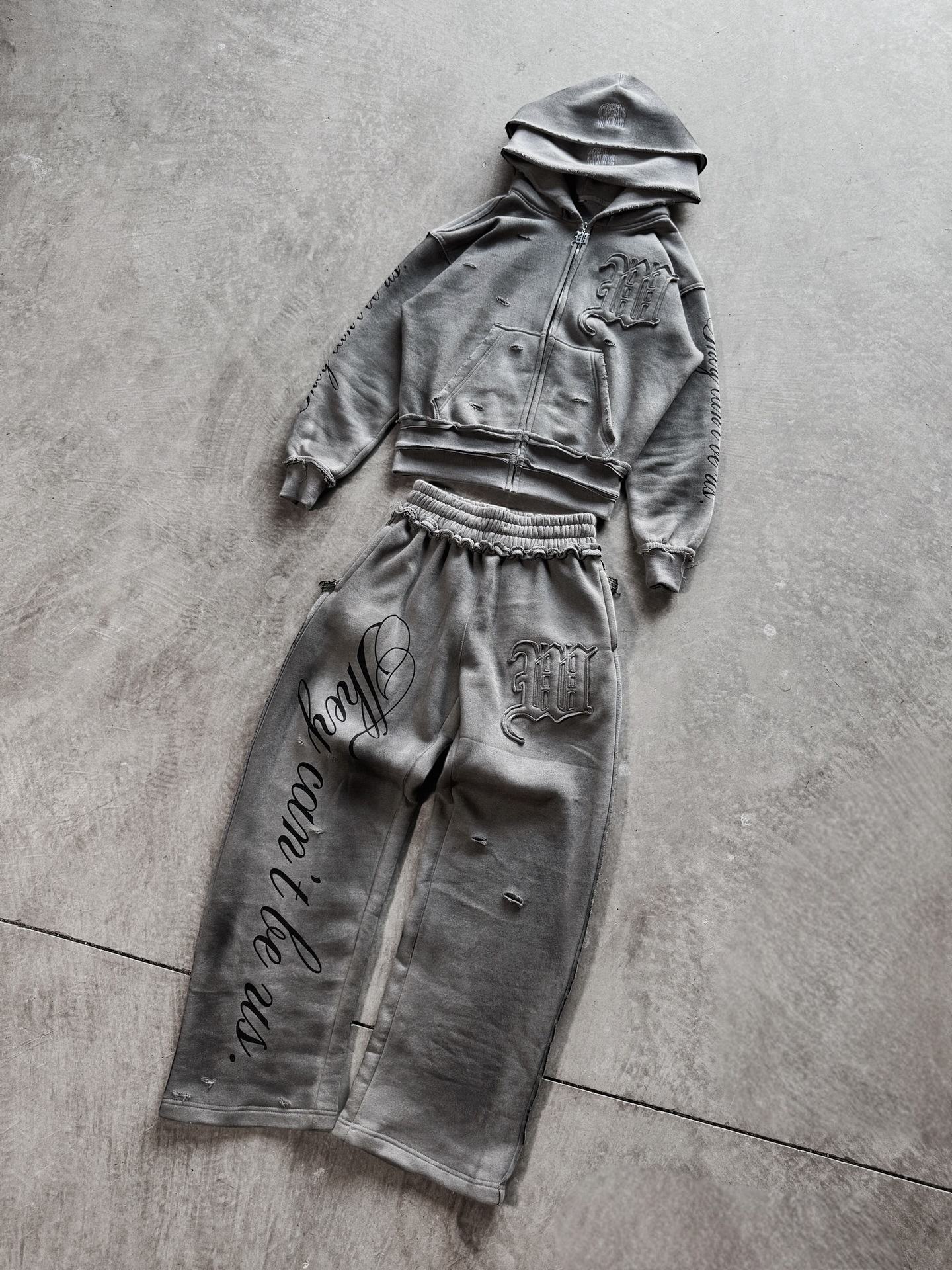 Grey Distressed Embroidery Hoodies Tracksuit Set Men Women Streetwear Oversized Hoodie & Pants Edgy Casual Two-Piece Outfit