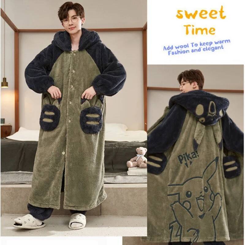 Gengar Winter Pajamas Suit Anime Pokemon Men Coral Fleece Nightgown Large Size Thicken Warm Cartoon Hooded Home Clothes Set Gift